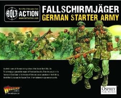 German Fallschirmjager Start Army Miniatures. Showing 3 army miniatures in different poses in front of a background of army soilders