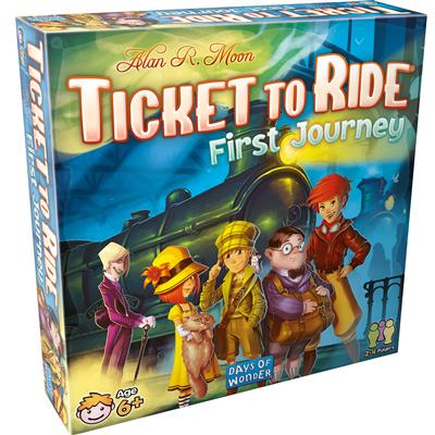 TICKET TO RIDE: FIRST JOURNEY Board Game, showing the front cover of the box. Family board game, euro board game, ticket to ride