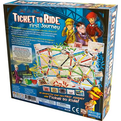 Ticket to Ride: First Journey Board Game, Back cover of the box. Family board game, euro-board game, ticket to ride