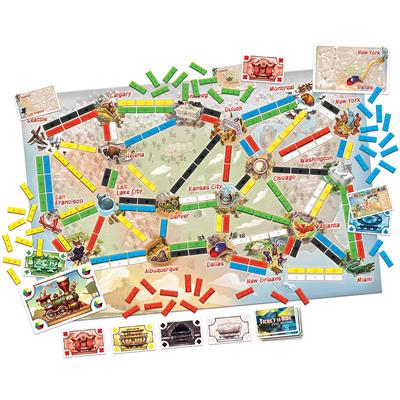 Ticket to Ride: First Journey Board Game. Showing contents of board game: the game board, cards, accessories. Family board game, euro-board game. Ticket to ride