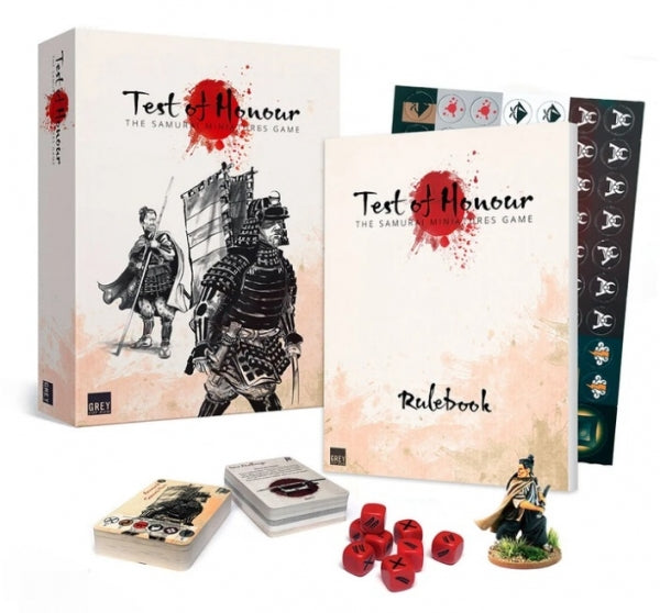 Test of Honour: Gaming Set - showing game box, rulebook, dice, cards, counters and one sample miniature