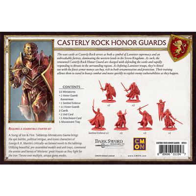 A SONG OF ICE & FIRE: CASTERLY ROCK HONOR GUARDS back cover showcasing contents, miniatures, and instructions