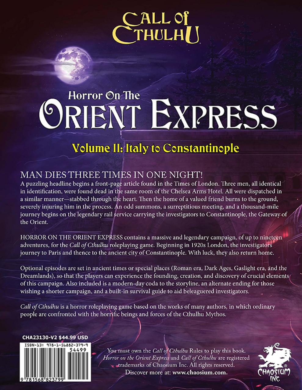 Call of Cthulhu RPG:  Horror on the Orient Express - Volume 2, back cover. Horror role playing game