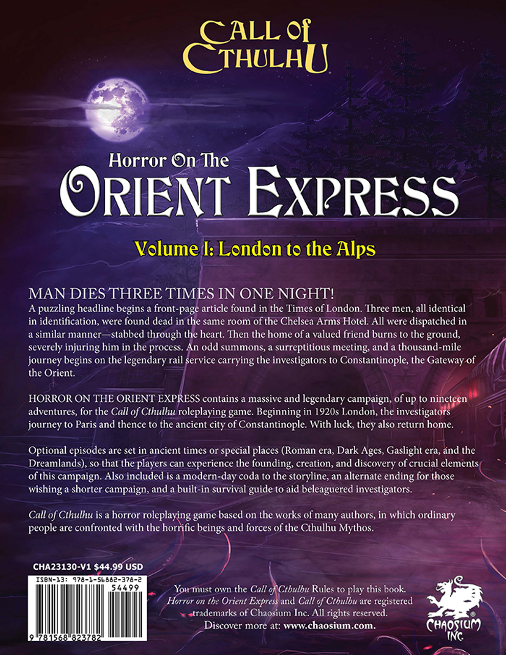 Call of Cthulhu RPG:  Horror on the Orient Express - Volume 1, back cover. Horror role playing game