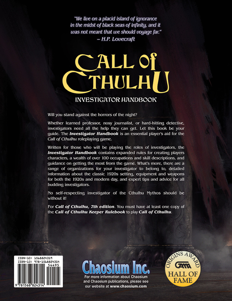 Call of Cthulhu Investigator Handbook - hardcover, back side