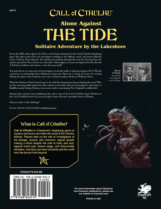 Call of Cthulhu RPG:  Alone Against the Tide, Horror Role Playing Game, Back Cover