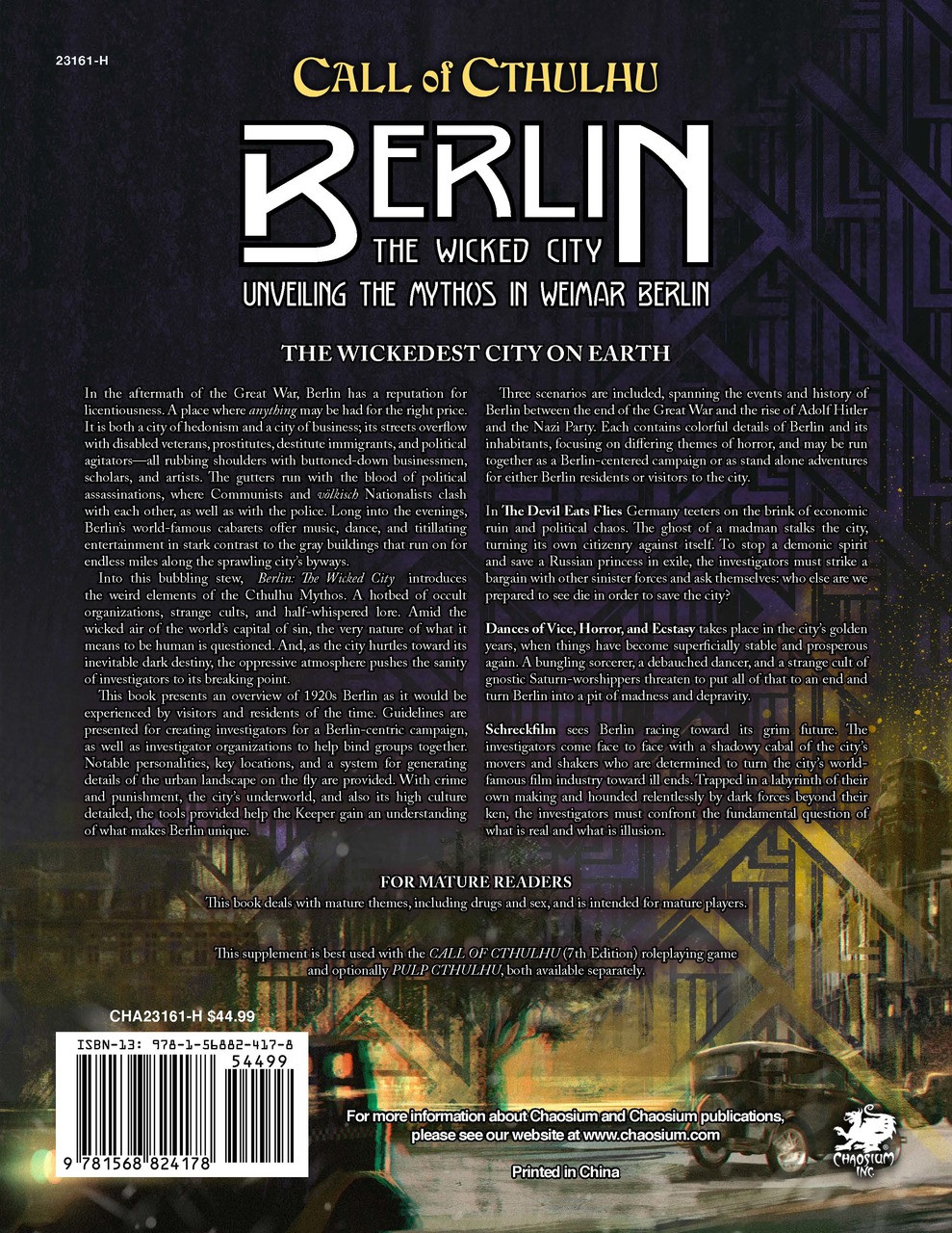 Call of Cthulhu RPG:  Berlin - The Wicked City - Hardcover, Back View. Horror Role Playing Game
