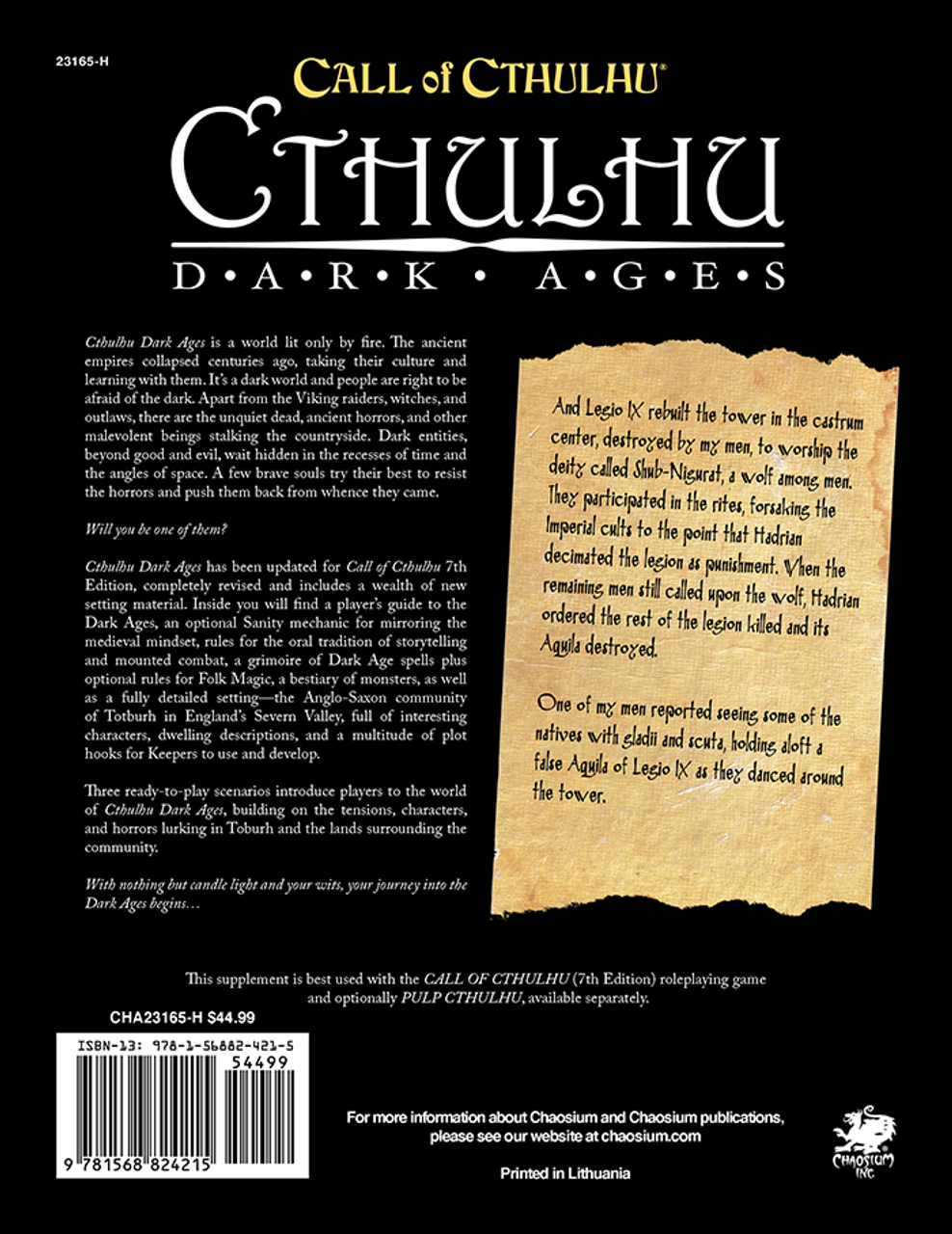 Call of Cthulhu RPG:  Cthulhu Dark Ages - 3rd Edition - Hardcover, Back Cover. Horror role playing game