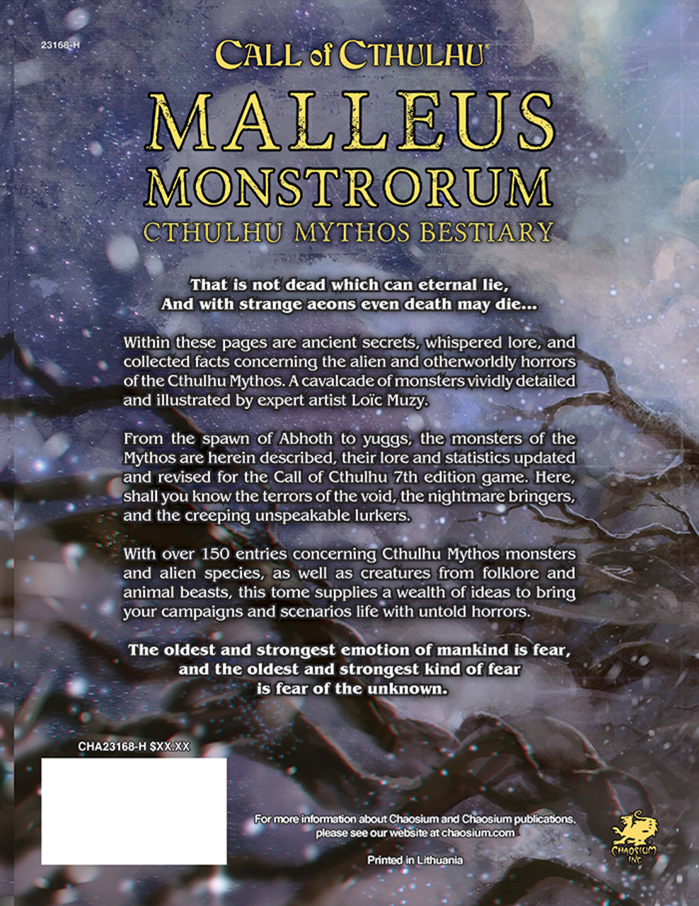Call of Cthulhu: Malleus Monstrorum - Cthulhu Mythos Bestiary: Volume 1 Book, back cover. Horror Role Playing Game.