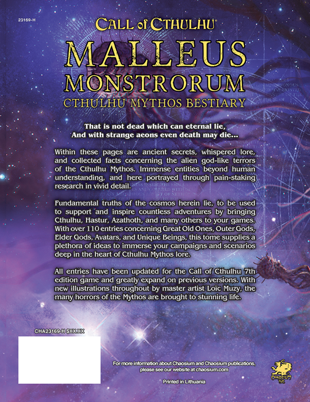 Call of Cthulhu: Malleus Monstrorum Bestiary - Volume 2 Back Cover. Horror Role playing game, books.