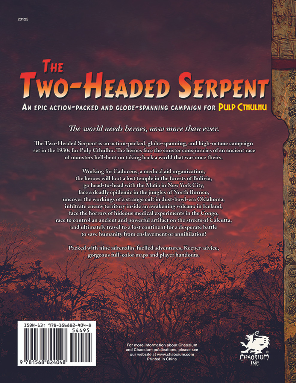 Call of Cthulhu RPG:  The Two-Headed Serpent, back cover. Horror role playing game