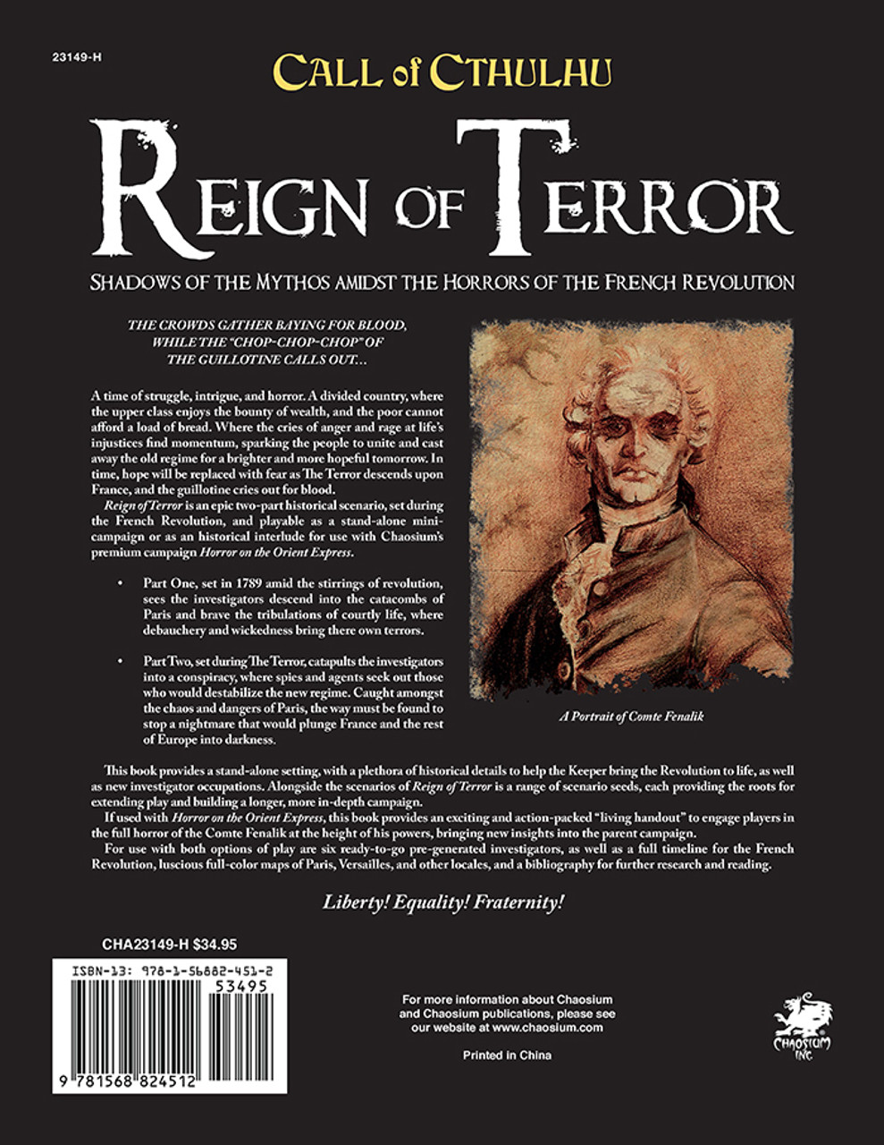 Call of Cthulhu RPG:  Reign of Terror - Hardcover, back view. Horror role playing game