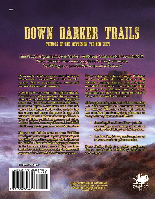 Call of Cthulhu RPG:  Down Darker Trails - Hardcover, back cover. Horror role playing game