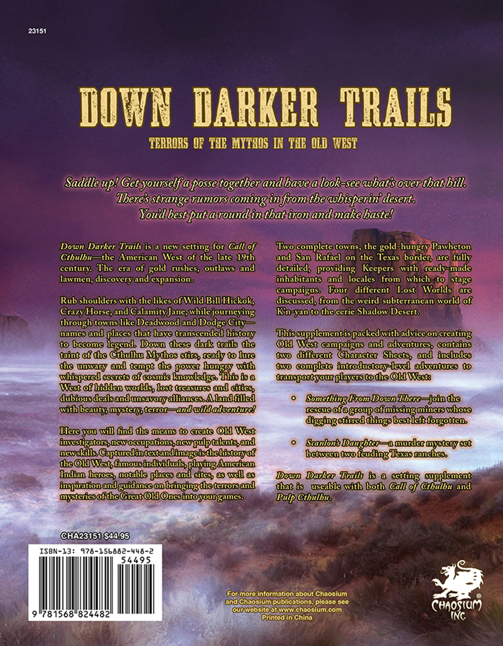 Call of Cthulhu RPG:  Down Darker Trails - Hardcover, back cover. Horror role playing game