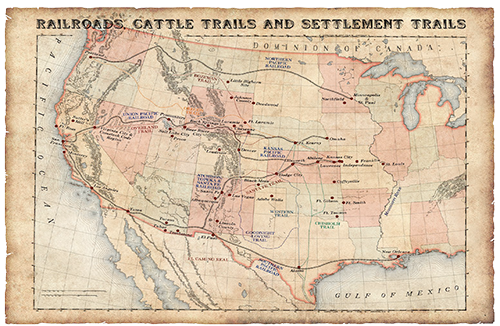 Call of Cthulhu RPG:  Down Darker Trails - Hardcover, map of railroads cattle trails and settlement trails