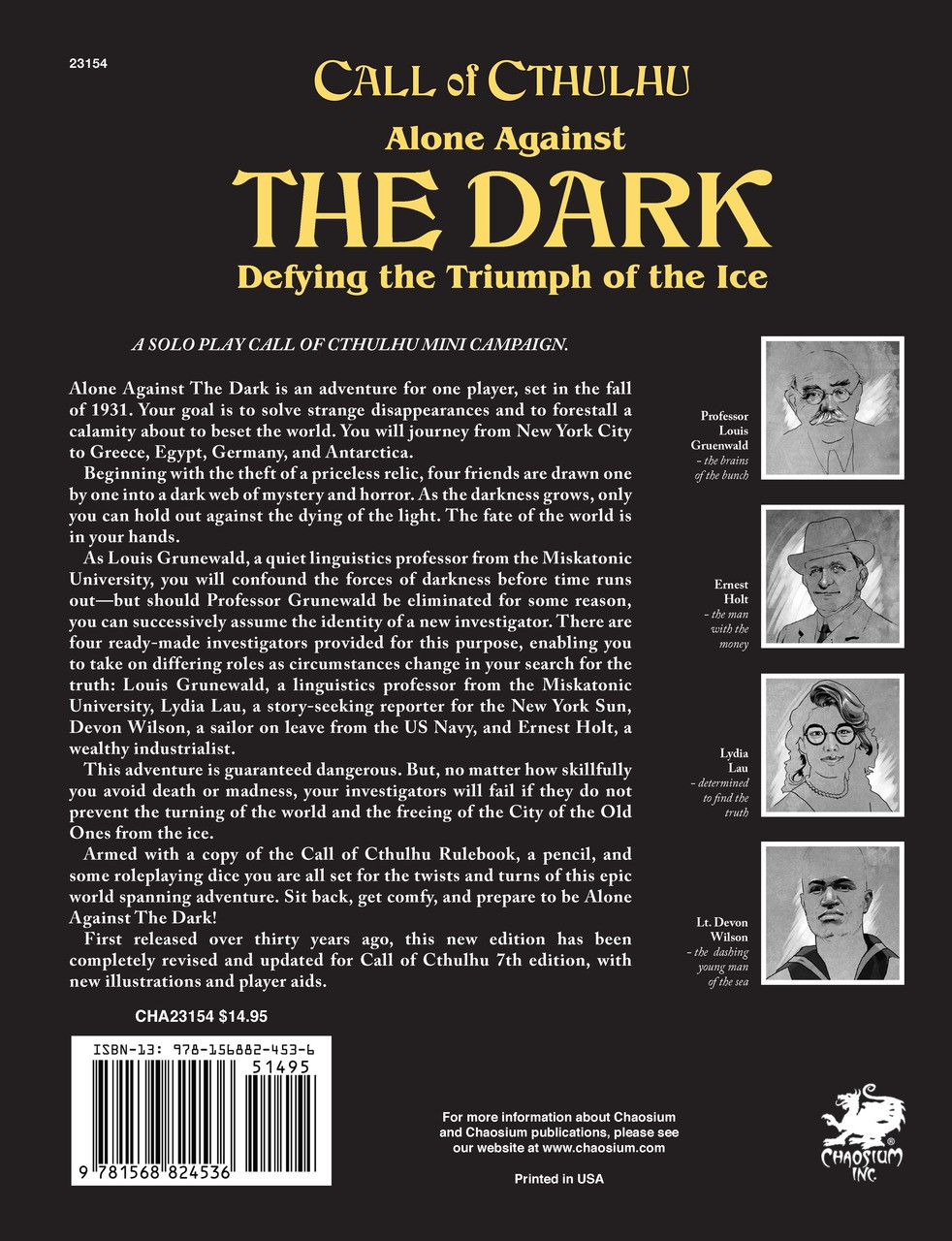 Call of Cthulhu RPG:  Alone Against the Dark, back cover. Horror role playing game