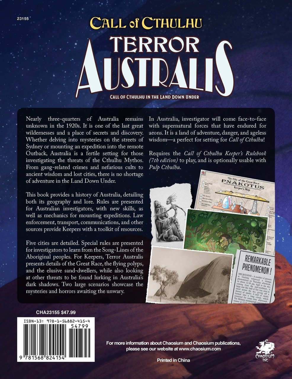 Call of Cthulhu RPG:  Terror Australis - 2nd Edition - Hardcover, back cover. Horror role playing game