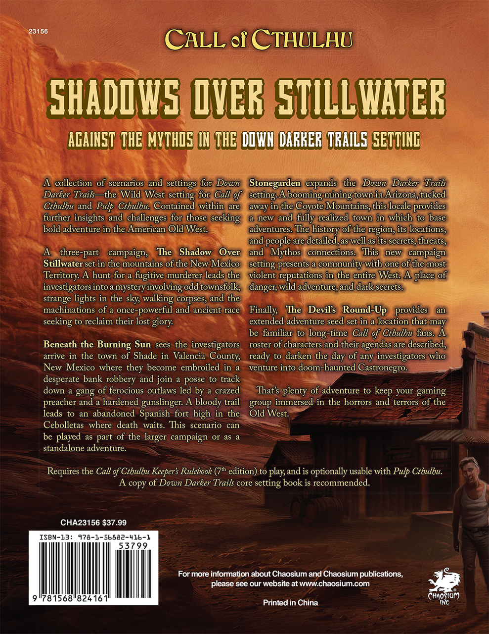 Call of Cthulhu RPG:  Shadows over Stillwater - Hardcover, back cover. Horror role playing game