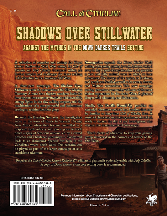 Call of Cthulhu RPG:  Shadows over Stillwater - Hardcover, back cover. Horror role playing game