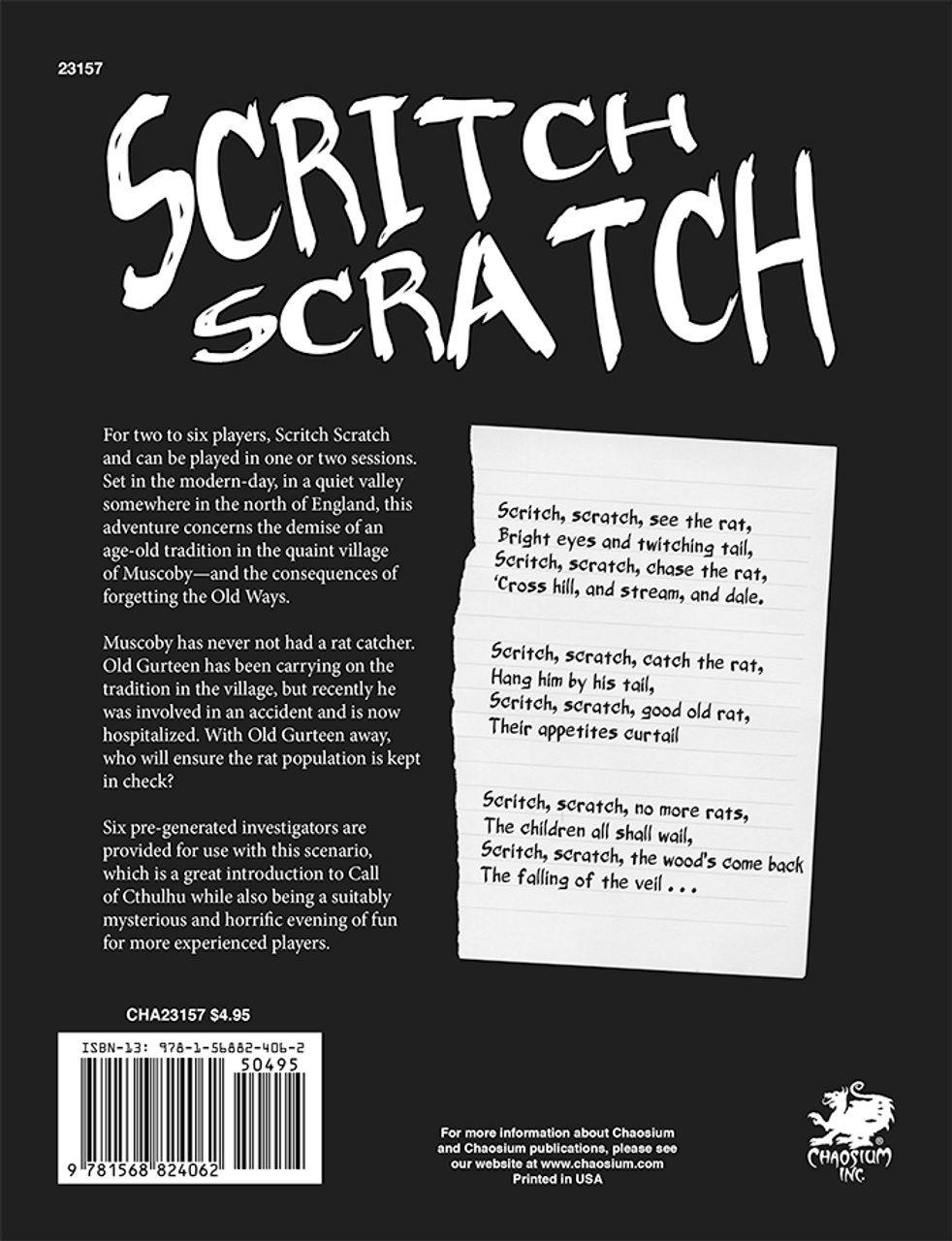 Call of Cthulhu RPG:  Scritch Scratch, back cover. Horror role playing game