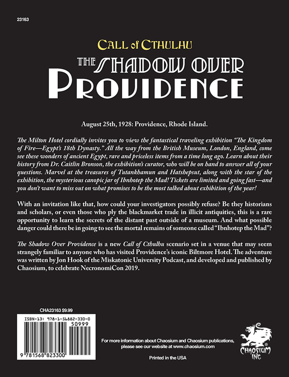 Call of Cthulhu RPG:  The Shadow Over Providence, back cover. Horror role playing game