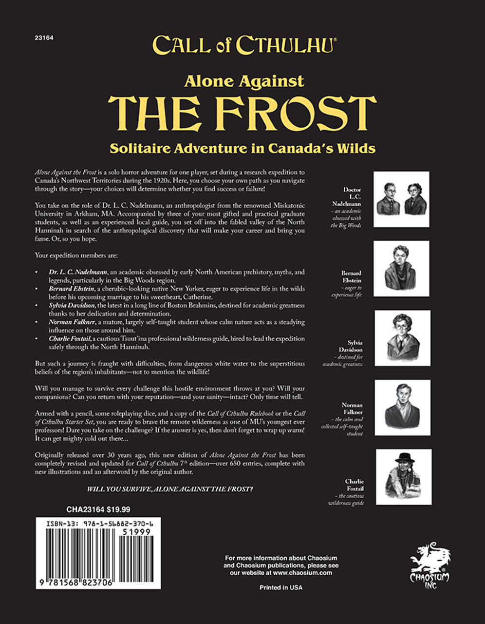 Call of Cthulhu RPG:  Alone Against the Frost, back cover. Horror role playing game