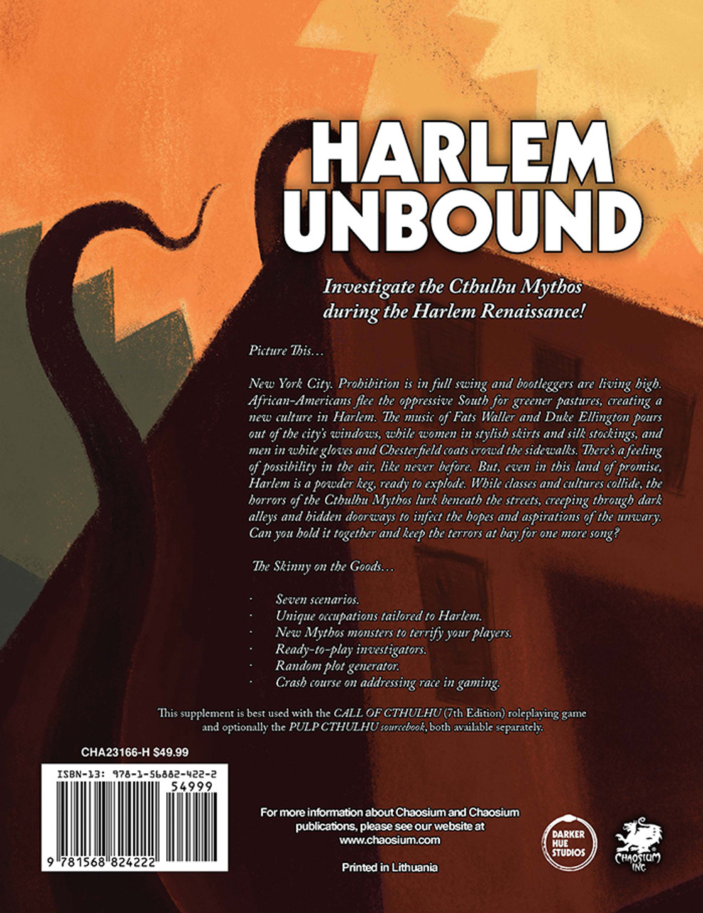 Call of Cthulhu RPG:  Harlem Unbound - 2nd Edition - Hardcover, back view. Horror role playing game.