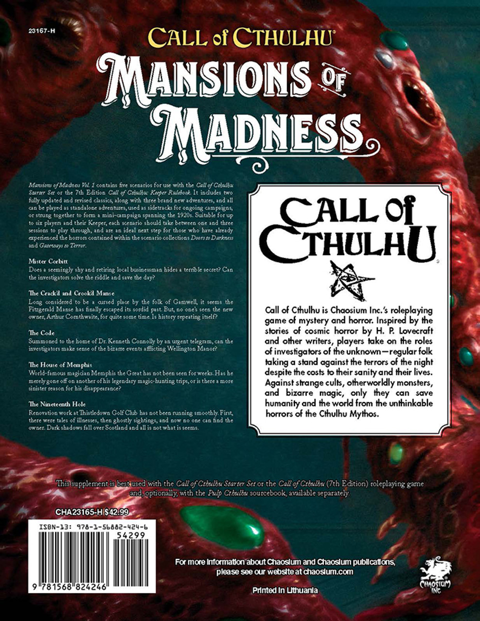 Call of Cthulhu: Mansions of Madness: Volume 1: Behind Closed Doors, back cover. Horror role playing game