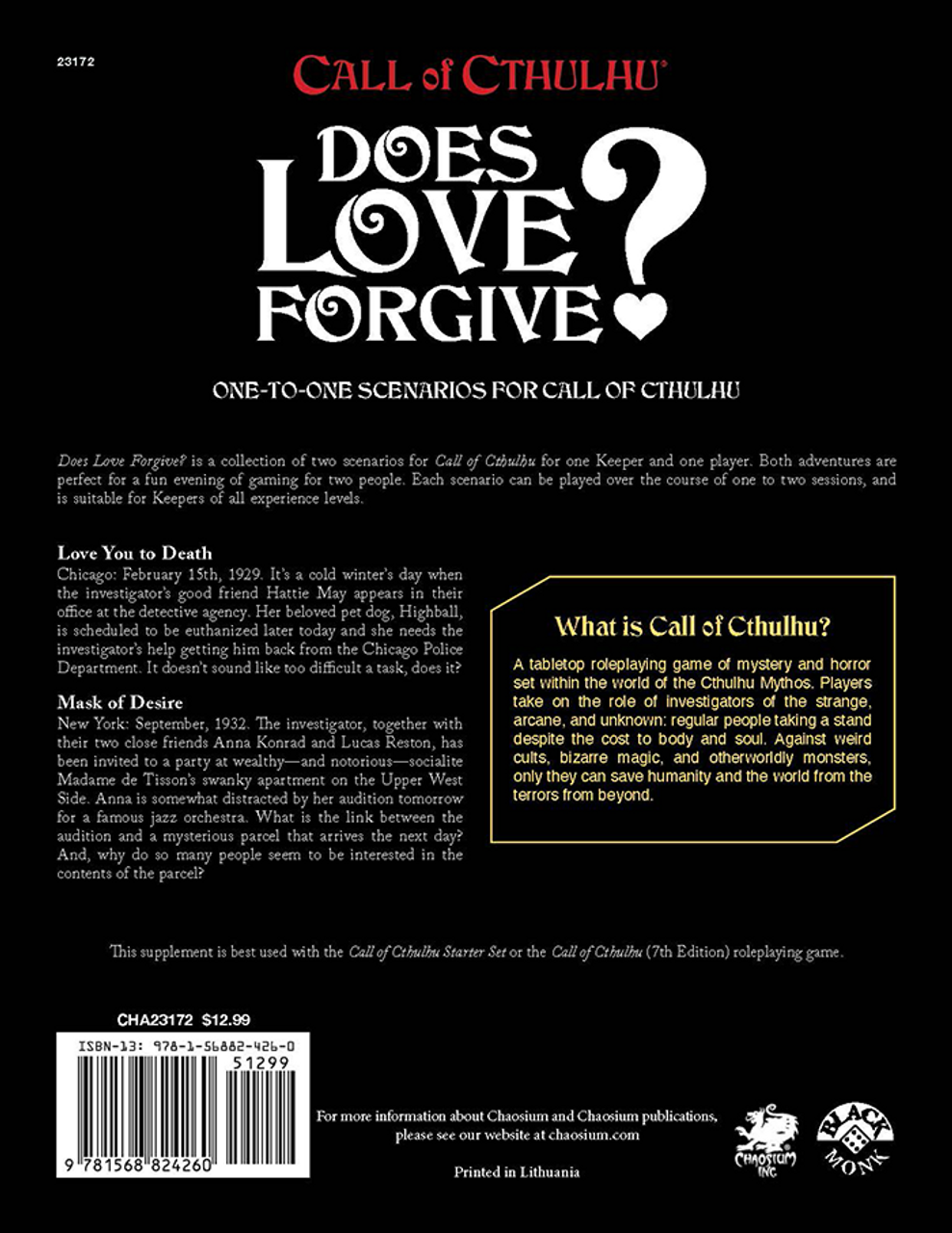 Call of Cthulhu RPG:  Does Love Forgive?, back cover. Horror role playing game