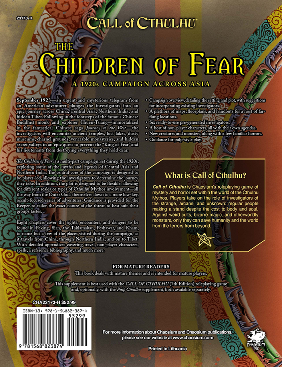 Call of Cthulhu RPG:  The Children of Fear - Hardcover, back view. Horror role playing game