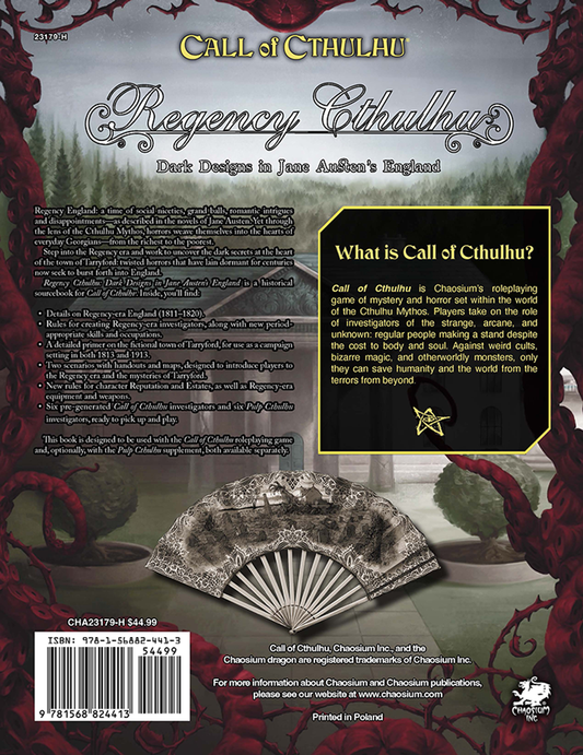 Call of Cthulhu RPG:  Regency Cthulhu - Hardcover, back view. Horror role playing game