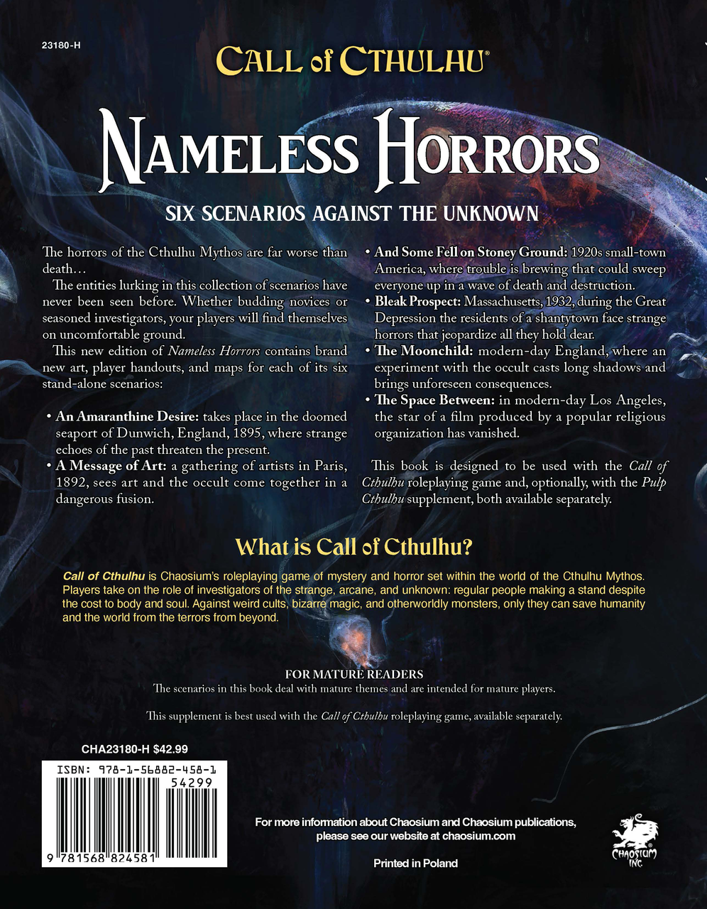 Call of Cthulhu RPG:  Nameless Horrors - 2nd Edition - Hardcover, back view. Horror role playing game