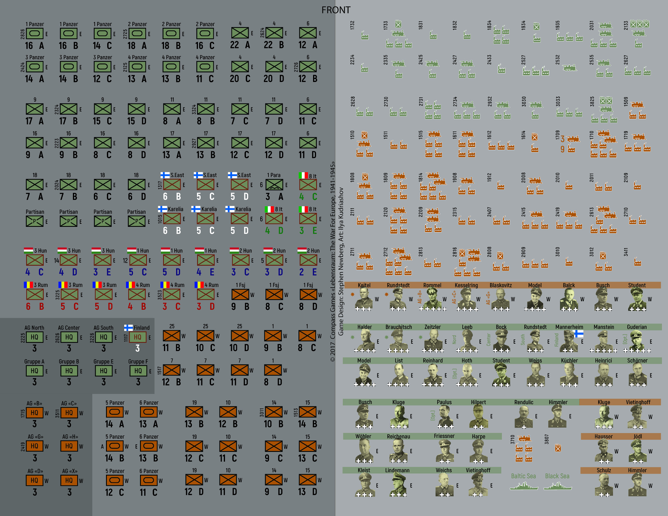 LEBENSRAUM! The War for Europe 1941-1945 Counter Sheet Front View, War Game