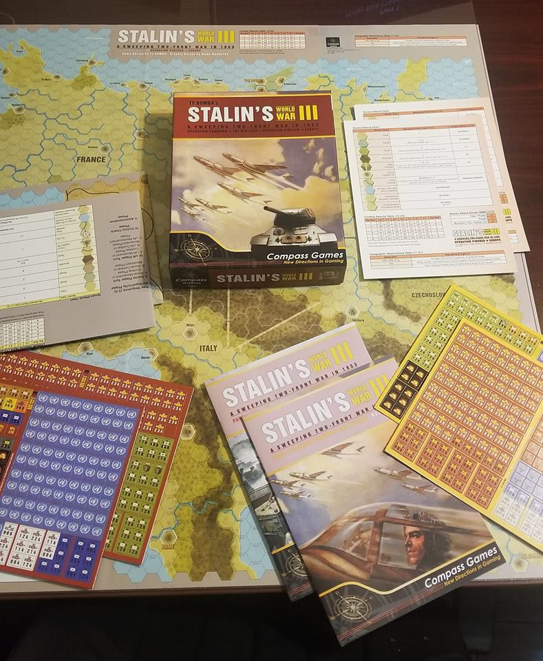 Stalin’s World War III Game Components. Showing game map, rulebook, counter sheets, and more.