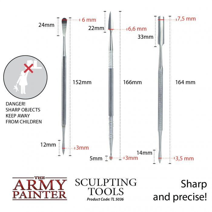 Army Painter Sculpting Tools.  Comes with 3 double-sided modeling clay tools with 6 different tips