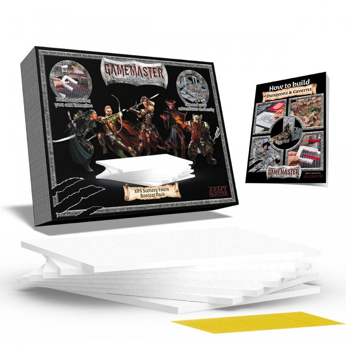 XPS Foam Scenery Booster Pack. Showing front cover of box, how to build instruction booklet, and the foam pieces