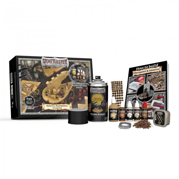 Desert & Arid Wastes Terrain Kit. Includes: 300 ml Desert & Arid Wastes Terrain Primer 4 x 18 ml Paints 50 ml Desert Base 77 Wildfire Tufts 1 bag of Mudrocks 150 ml Scenery Sand + Free Razorwire