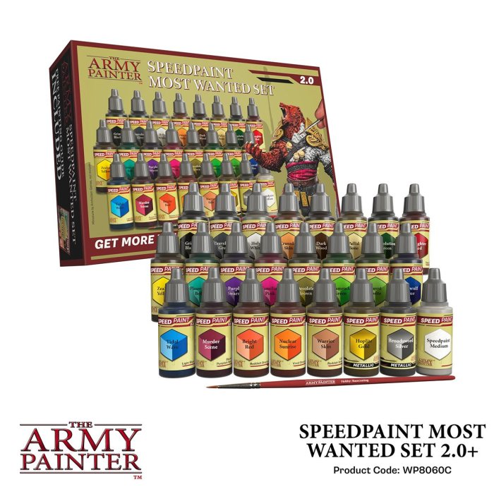 Army Painter Speedpaint 2.0: Most Wanted Set. Includes: 24x 18ml Speedpaints:  13 New colours, 2 Speedpaint Metallics, 1 Speedpaint Medium, 1x Basecoating Brush