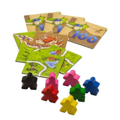 Contents Include: Rulebook, 8 Meeples, 1 Abbot, 18 Land Tiles, 6 Large Meeples, 6 50/100 Points Tiles