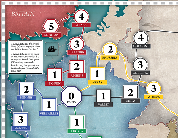 Levee En Masse Board Game, showing the game board. Historical board game, napoleonic wars, french revolution.