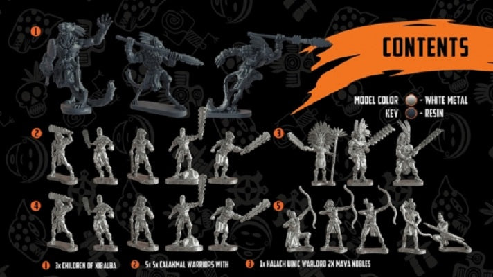 Mythic Earth: Maya - Maya Starter Force. Includes: 1 Halach Uinic Warlord and two Maya Noble bodyguards (3 models). 2 Five-man Units of Spear-armed Calakmal Warriors (10 models). 1 Five-man Unit of Tikal Archers (5 models). 1 Three-man Unit of Children of Xibalba (3 models) Unpainted