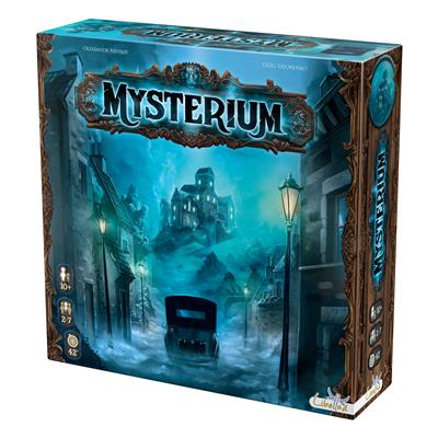 Mysterium Trading Card Game box cover. It has a spooky illustration with an old car driving to the manor
