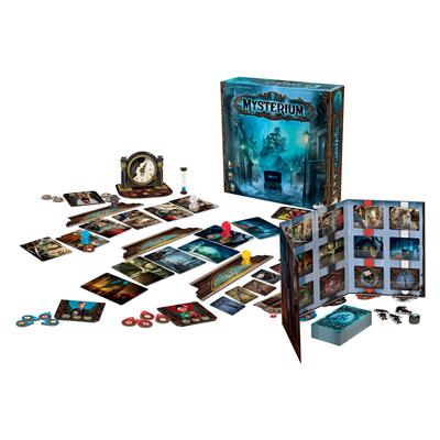 Mysterium card game contents ranging from cards, timer, and other accessories