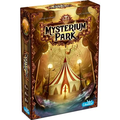 Mysterium Park Game Box front cover. Showing a mysterious carnival tent with a ringmaster standing in the glow of the door.