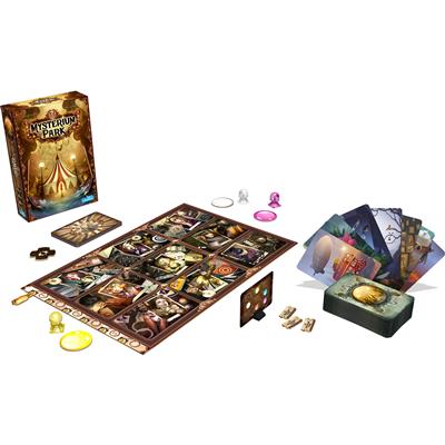 showing all Mysterium park items including: the game box, game board, cards, and accessories.