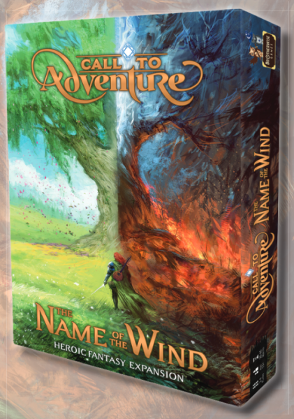 Call to Adventure: The Name of the Wind Expansion Front Cover. Showing a green, growing tree on the left side and fire and destruction on the right.