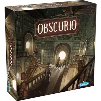 Obscurio board game front cover. Showing a mysterious looking library with 3 people looking at a portal.