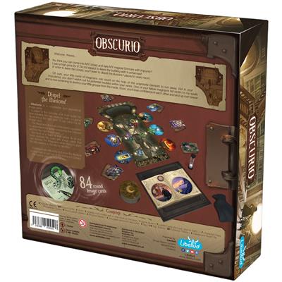 Obscurio game box back cover. Showing a picture of the rules, game board, and accessories.
