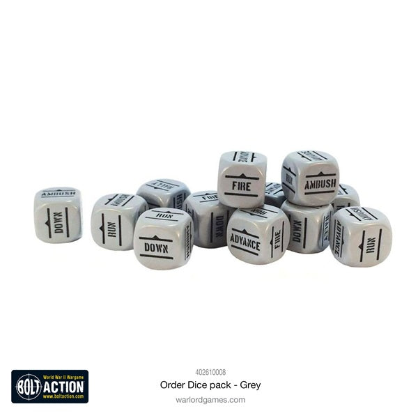 Bolt Action set of orders dice with text on a white background, featuring the Warlord Games logo.