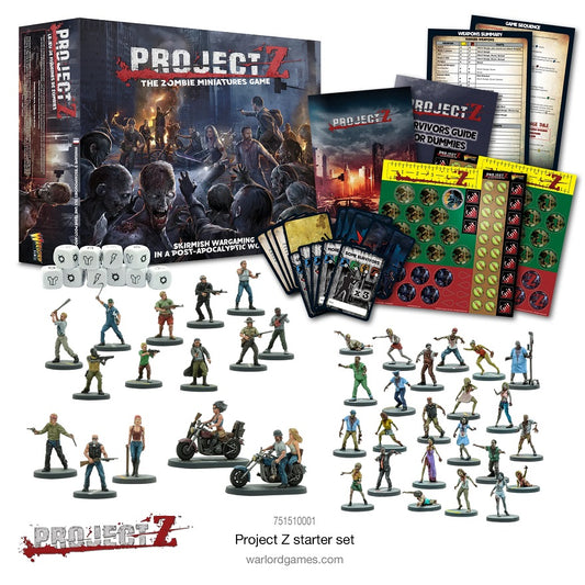 Project Z Starter Game Contents - Post Apocalyptic War Game. Includes: miniatures, dice, cards, countersheets, rulebook and more